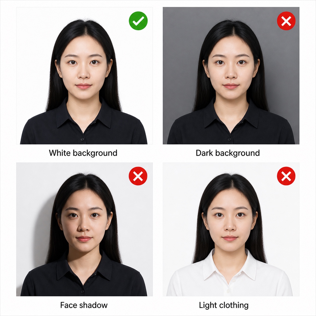 China visa photo examples showing correct white background, dark background, face shadow, and light clothing