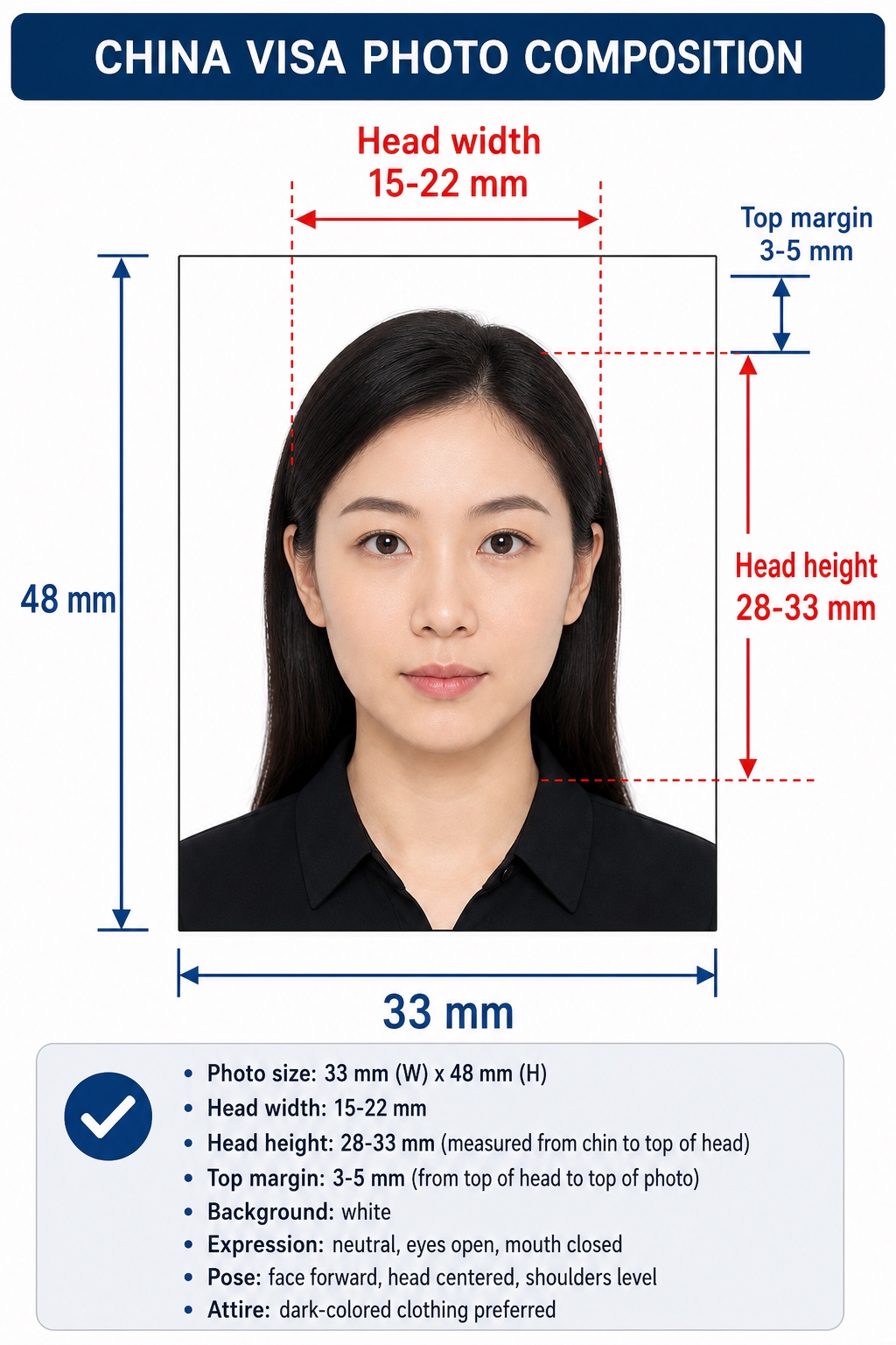 China visa photo composition diagram showing 33 mm by 48 mm size, head width, head height, and top margin