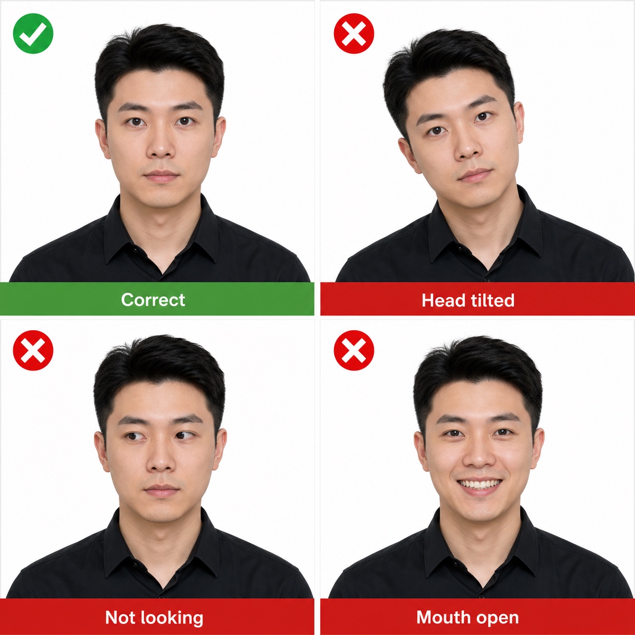 China visa photo pose examples showing correct front-facing photo and common mistakes