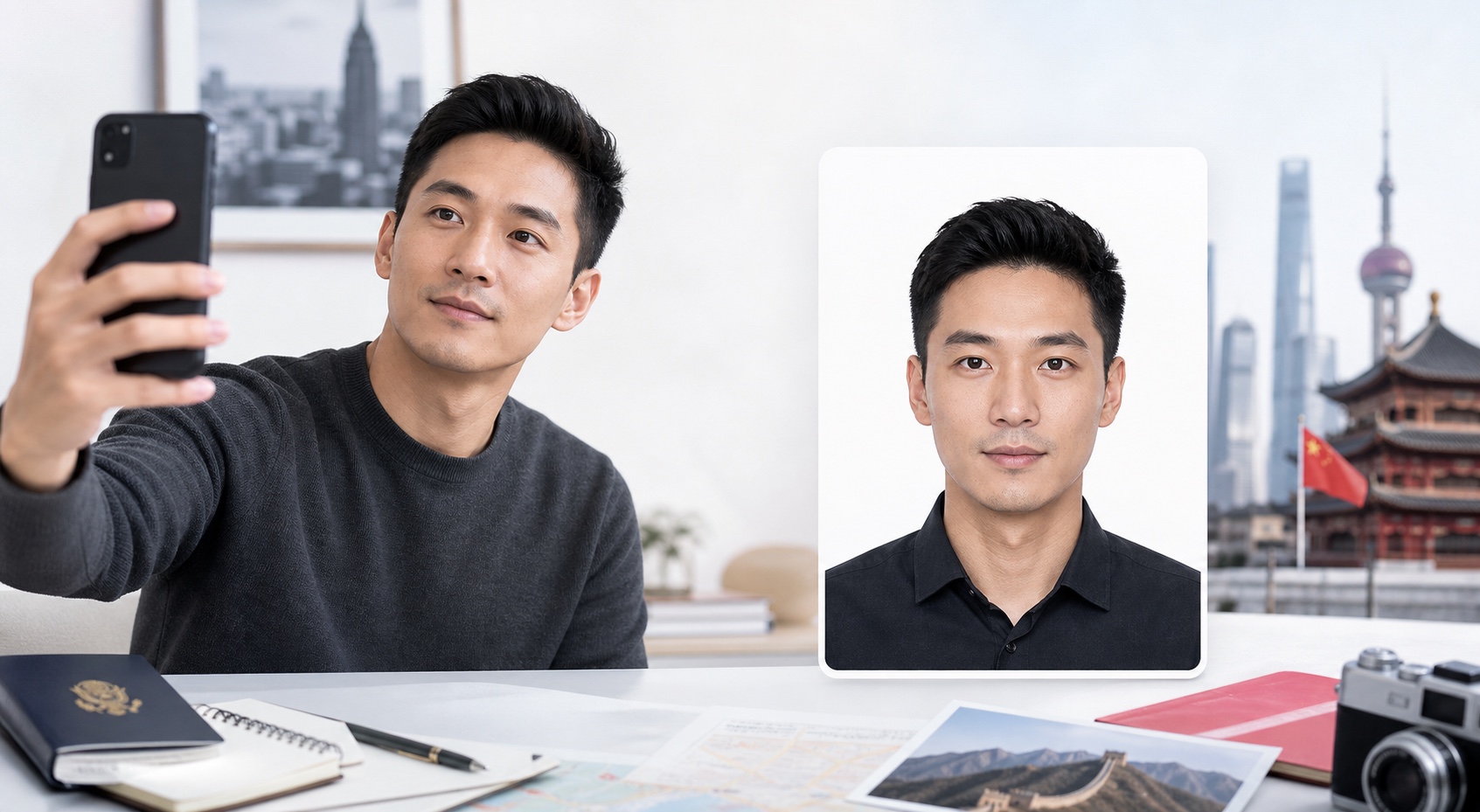 A selfie turning into a compliant China visa photo preview