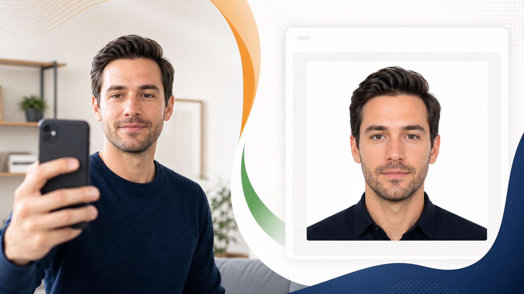 A selfie turning into a compliant India visa photo preview