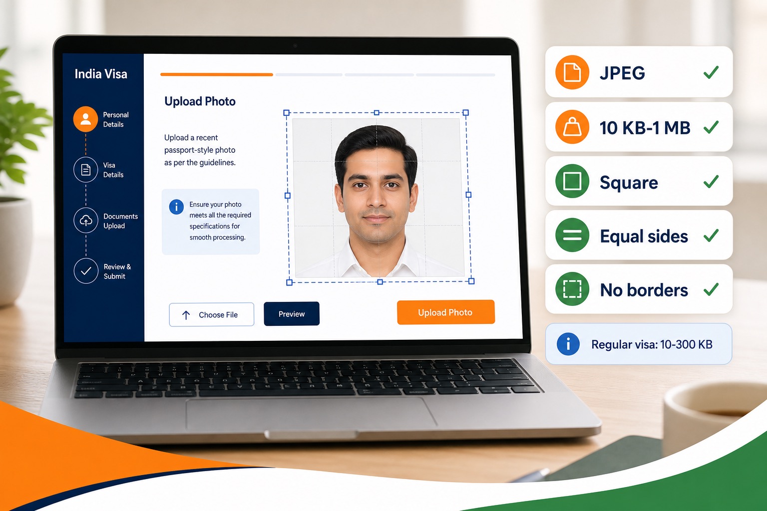 India visa digital upload requirements showing JPEG format, square photo, equal sides, e-Visa 10 KB to 1 MB, and regular visa 10 KB to 300 KB
