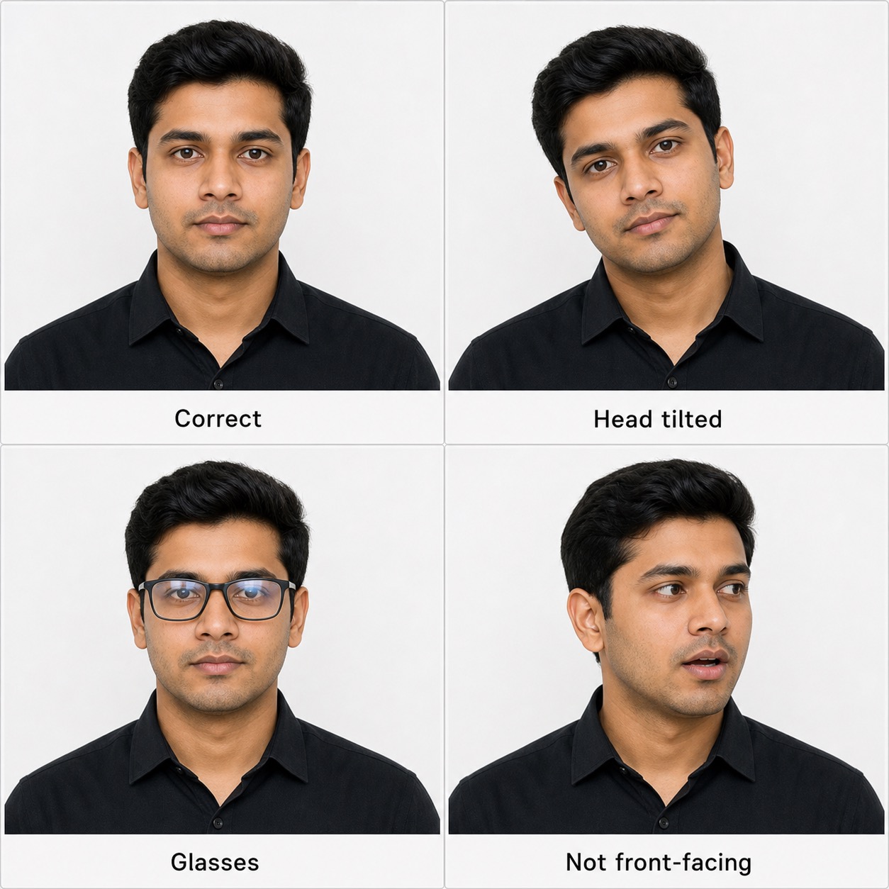 India visa photo pose examples showing correct front-facing photo and common mistakes