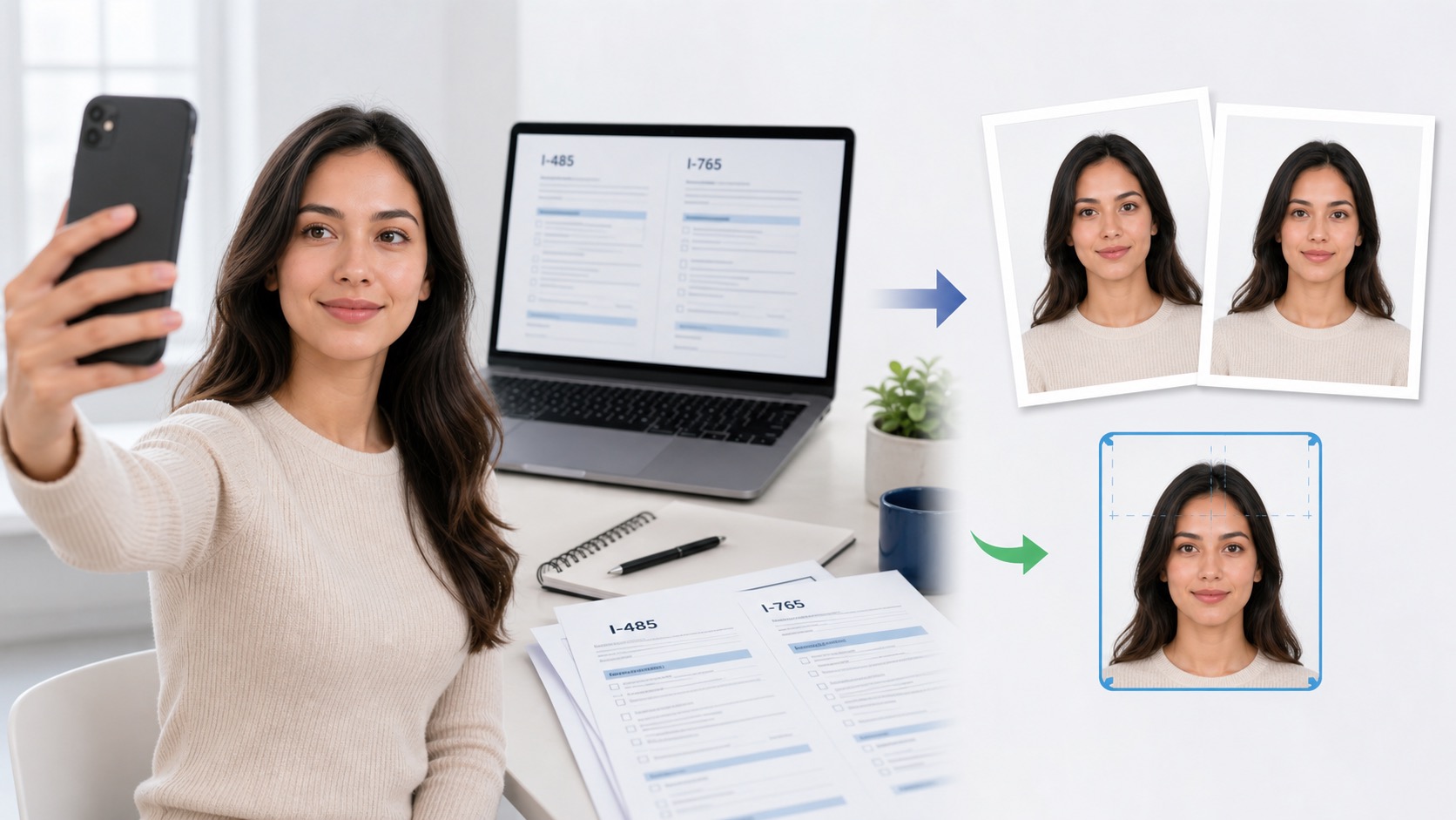A selfie turning into two USCIS-ready 2 x 2 inch immigration photos for I-485 and I-765