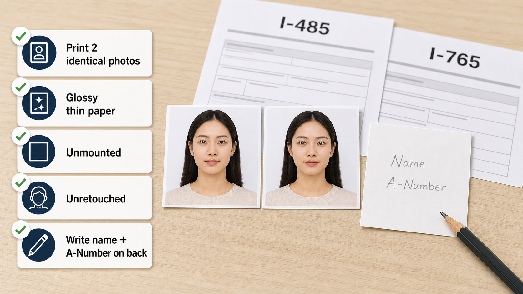 USCIS I-485 and I-765 photo filing checklist with two identical glossy unretouched photos and name A-Number on back