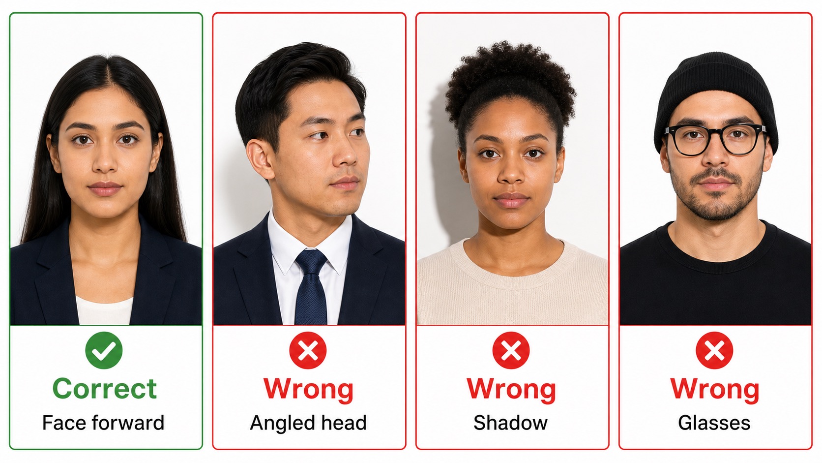 Correct and incorrect USCIS green card photo pose examples including face forward, angled head, shadow, and glasses