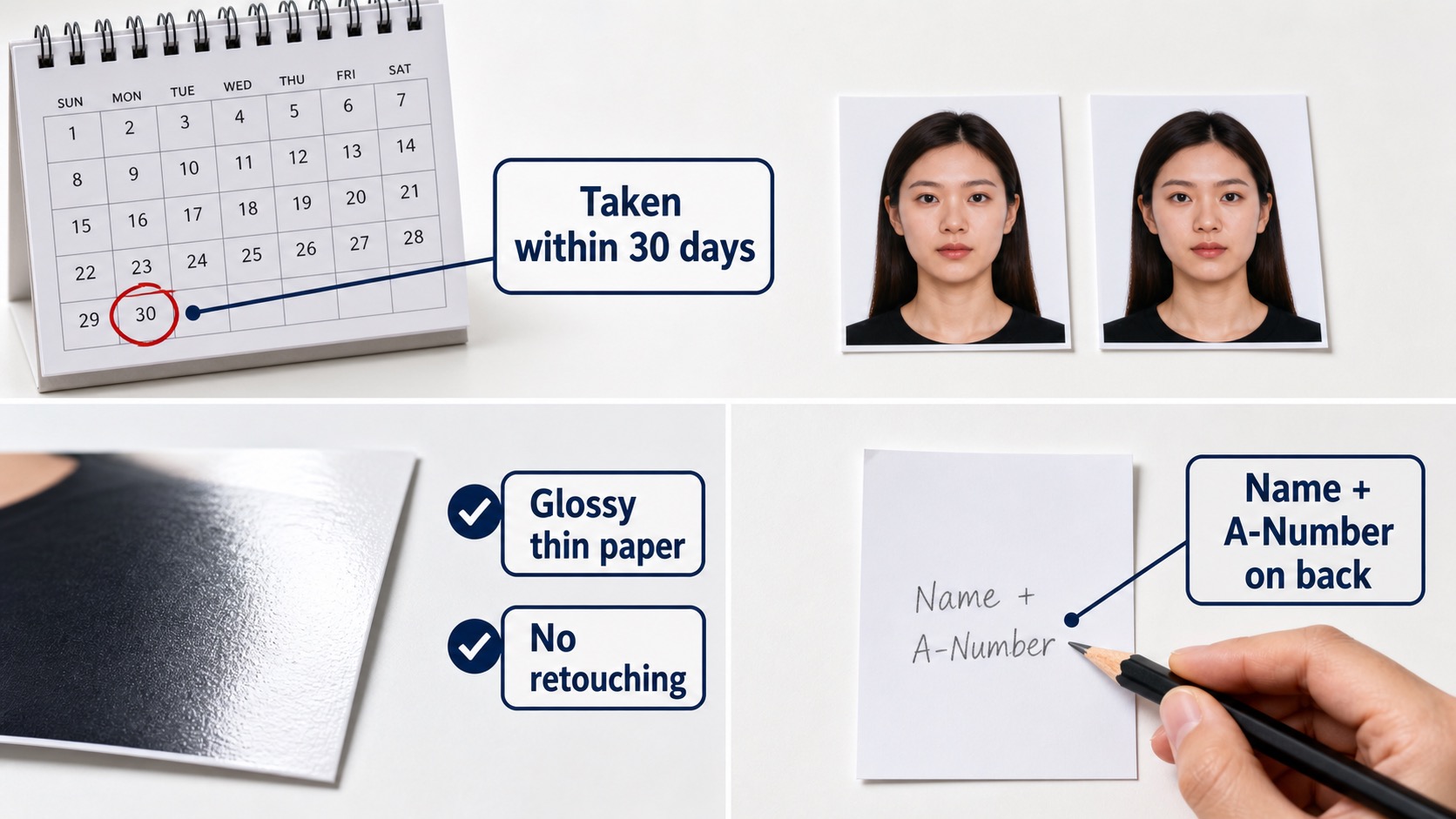 USCIS photo recency and print quality guide showing taken within 30 days glossy thin paper and A-Number on back
