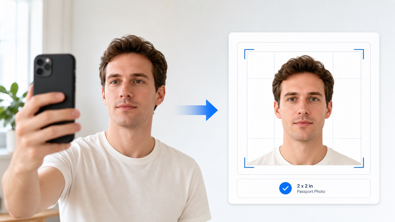 A selfie turning into a compliant U.S. passport photo preview
