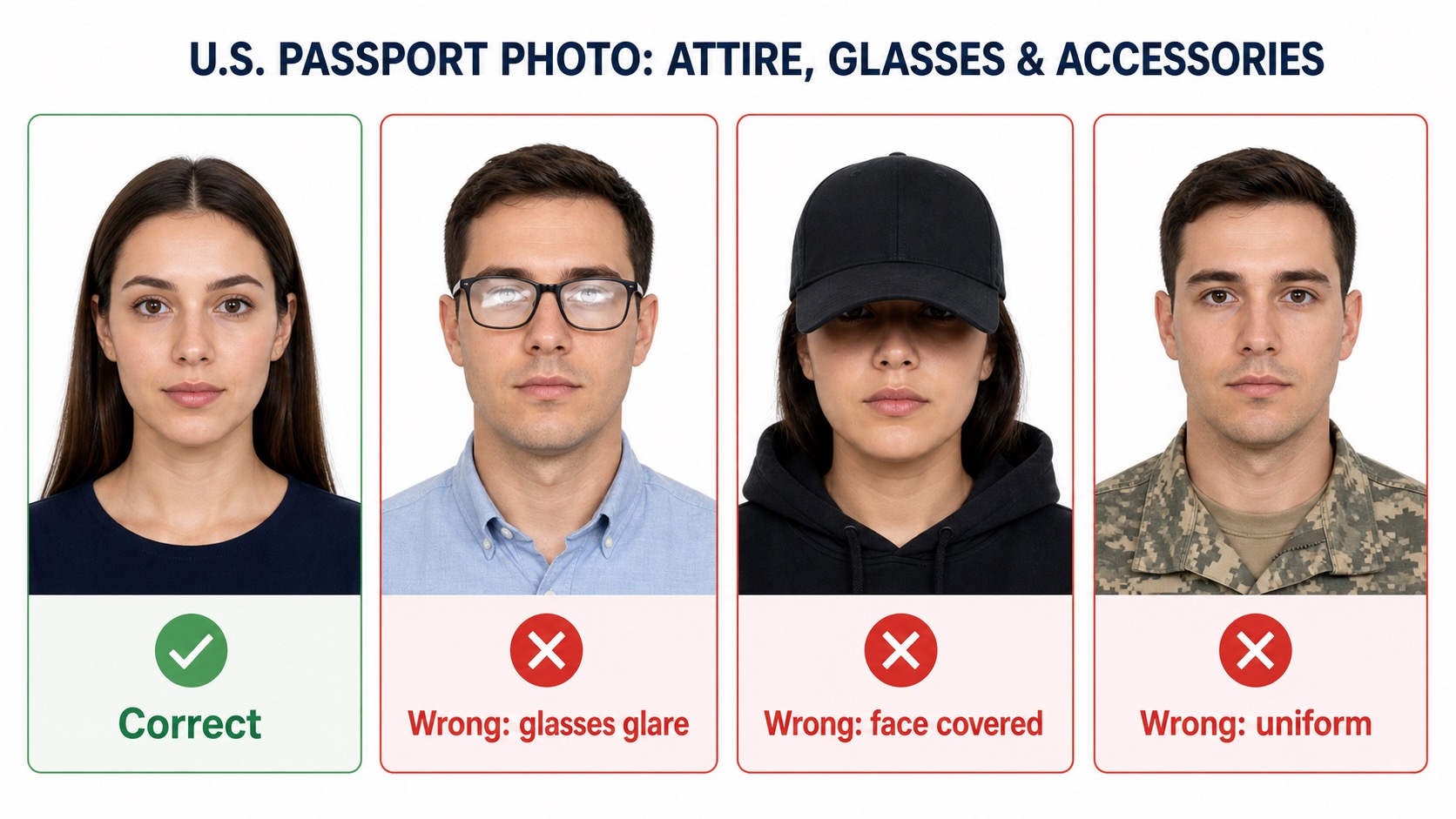 Correct and incorrect U.S. passport photo clothing, glasses, and accessories examples