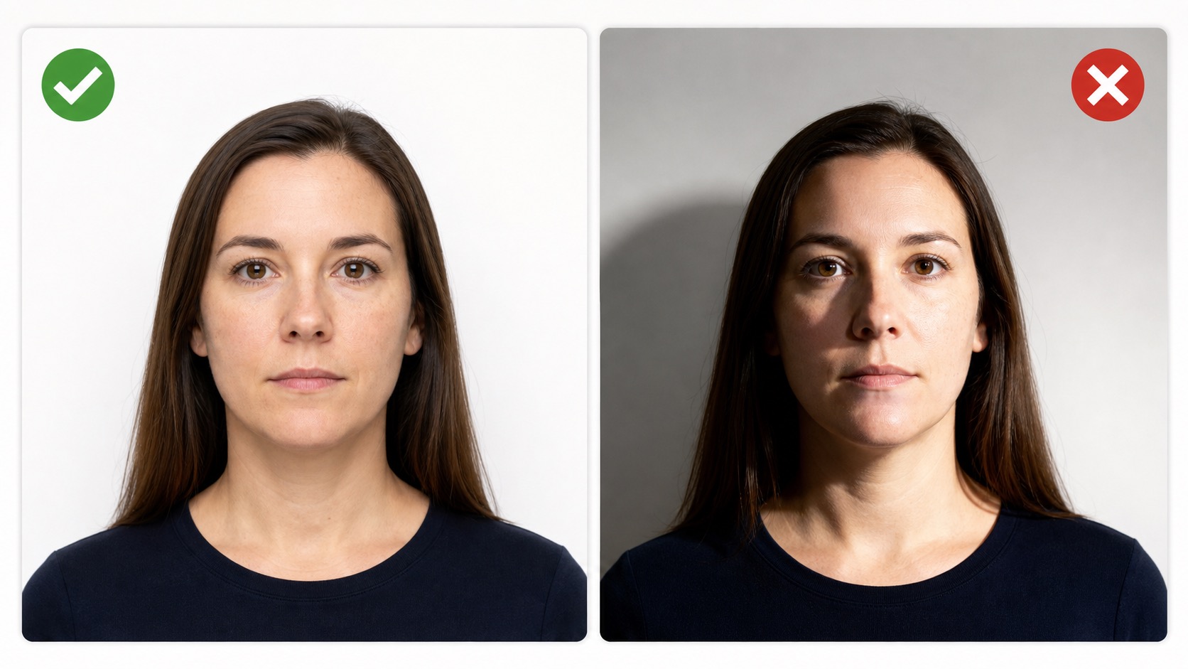 Good and bad U.S. passport photo lighting and background examples