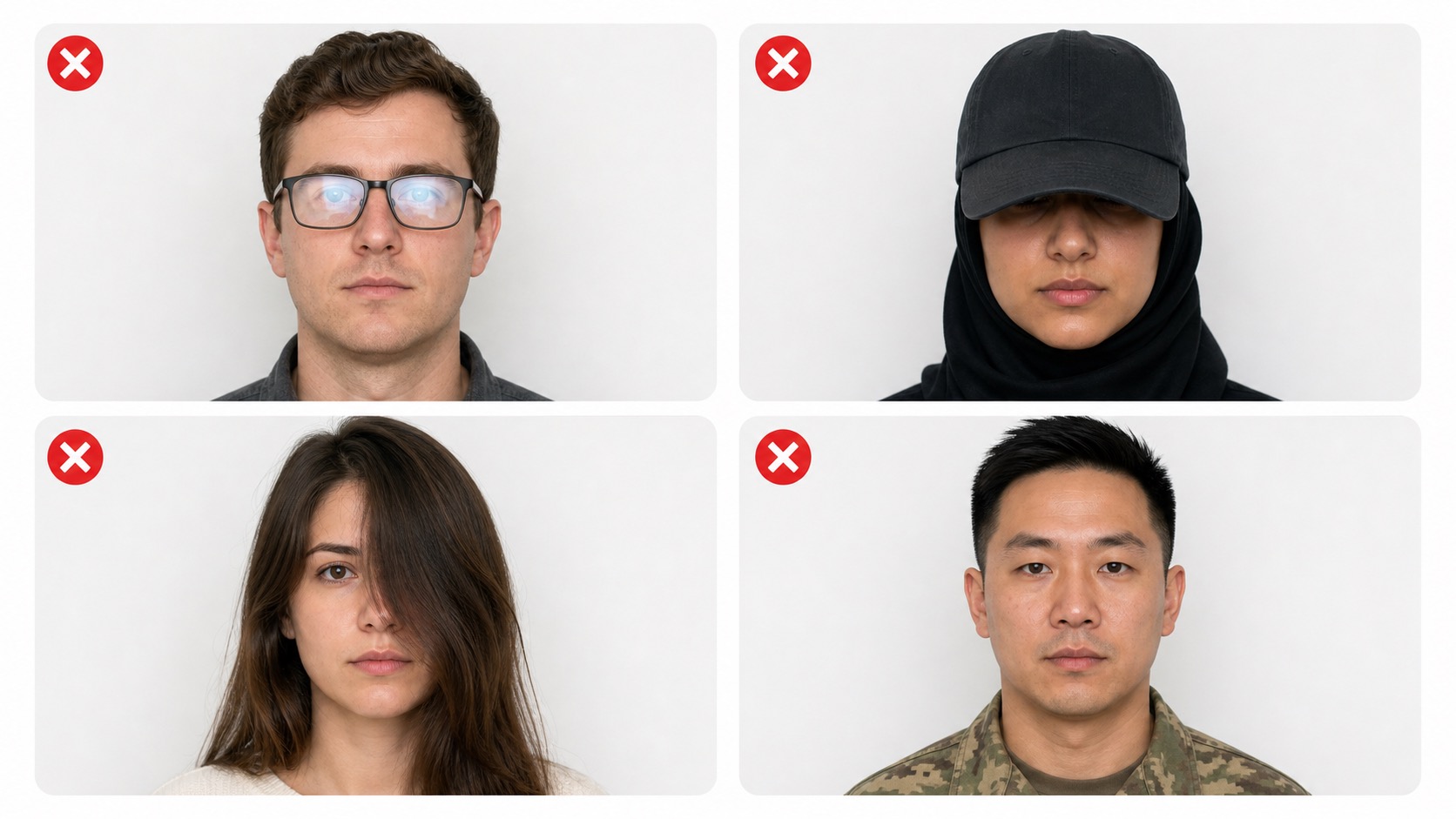 Common U.S. passport photo mistakes including glasses glare, hat shadows, covered eye, and uniform clothing