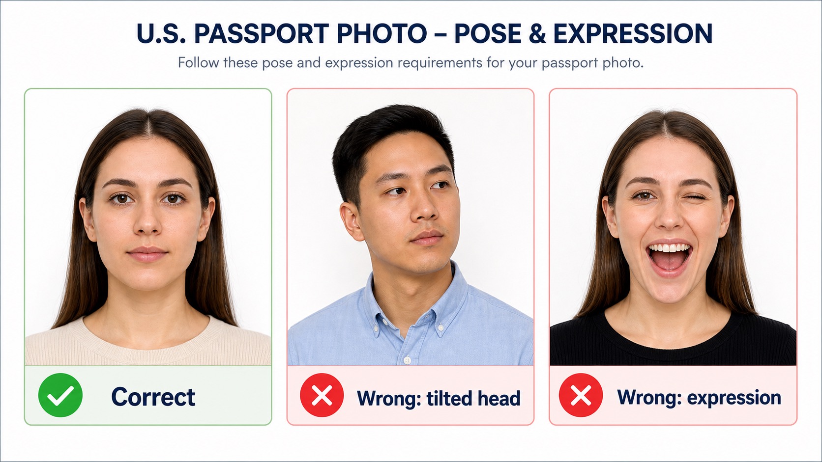 Correct and incorrect U.S. passport photo pose and expression examples