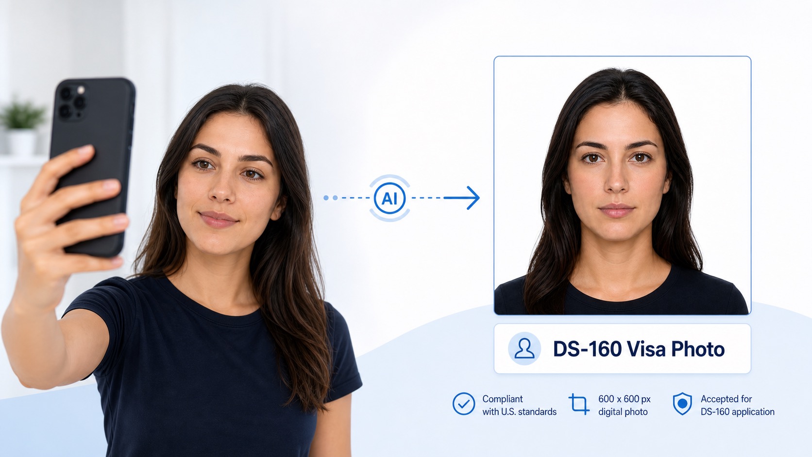 A selfie turning into a compliant U.S. visa DS-160 photo preview