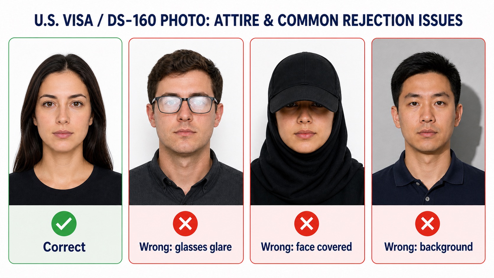Correct and incorrect U.S. visa photo clothing, glasses, face covering, and background examples