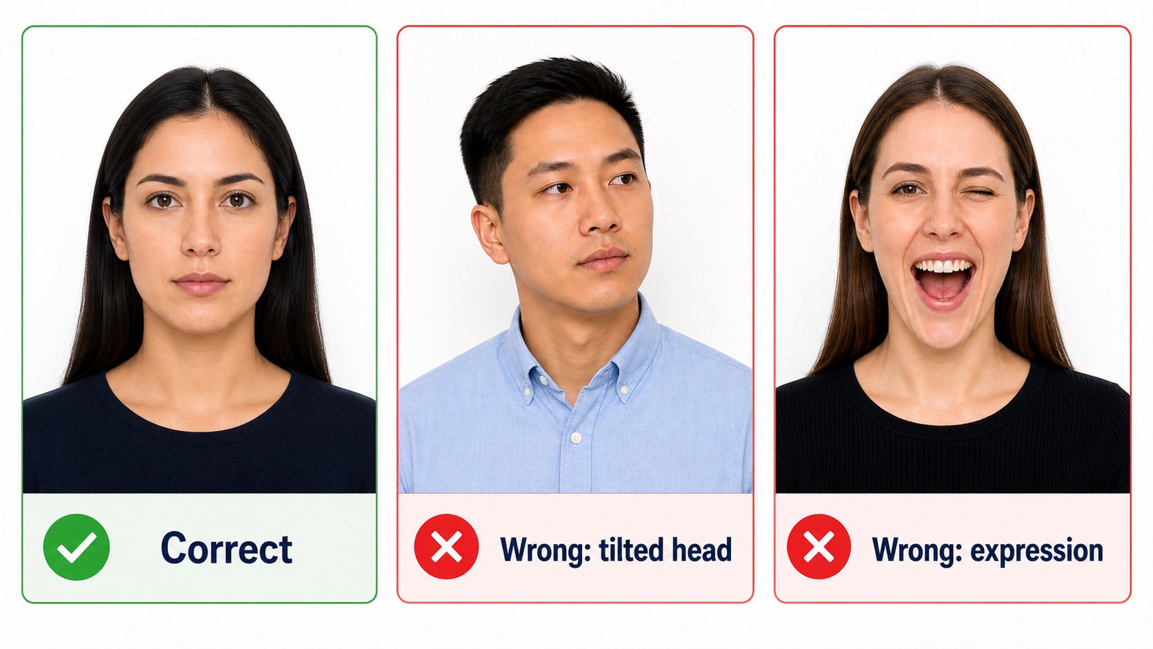 Correct and incorrect U.S. visa photo pose and expression examples